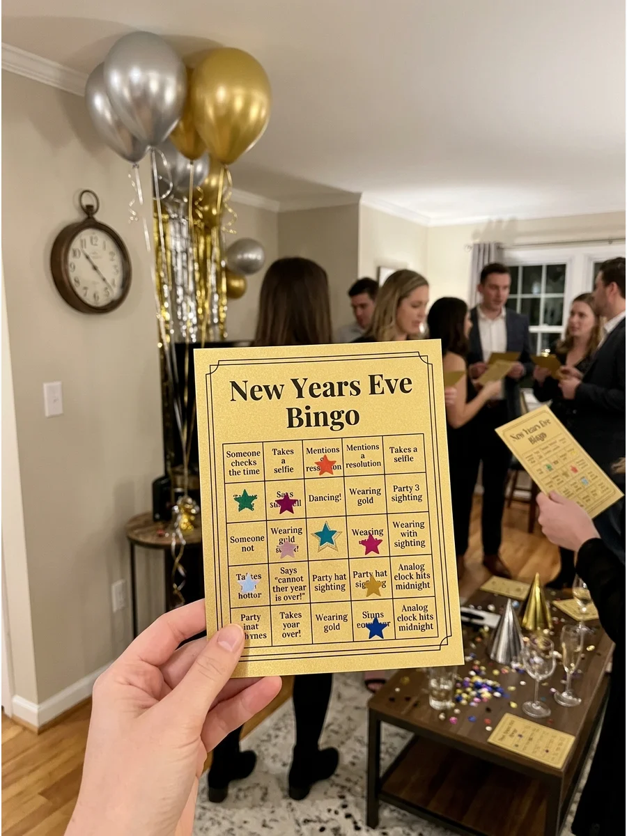 A person holding a New Year's Eve bingo card in a festive living room.