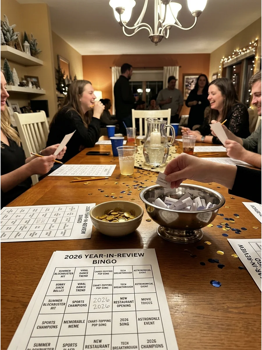 Year in review bingo cards on a dining table with gold tokens.