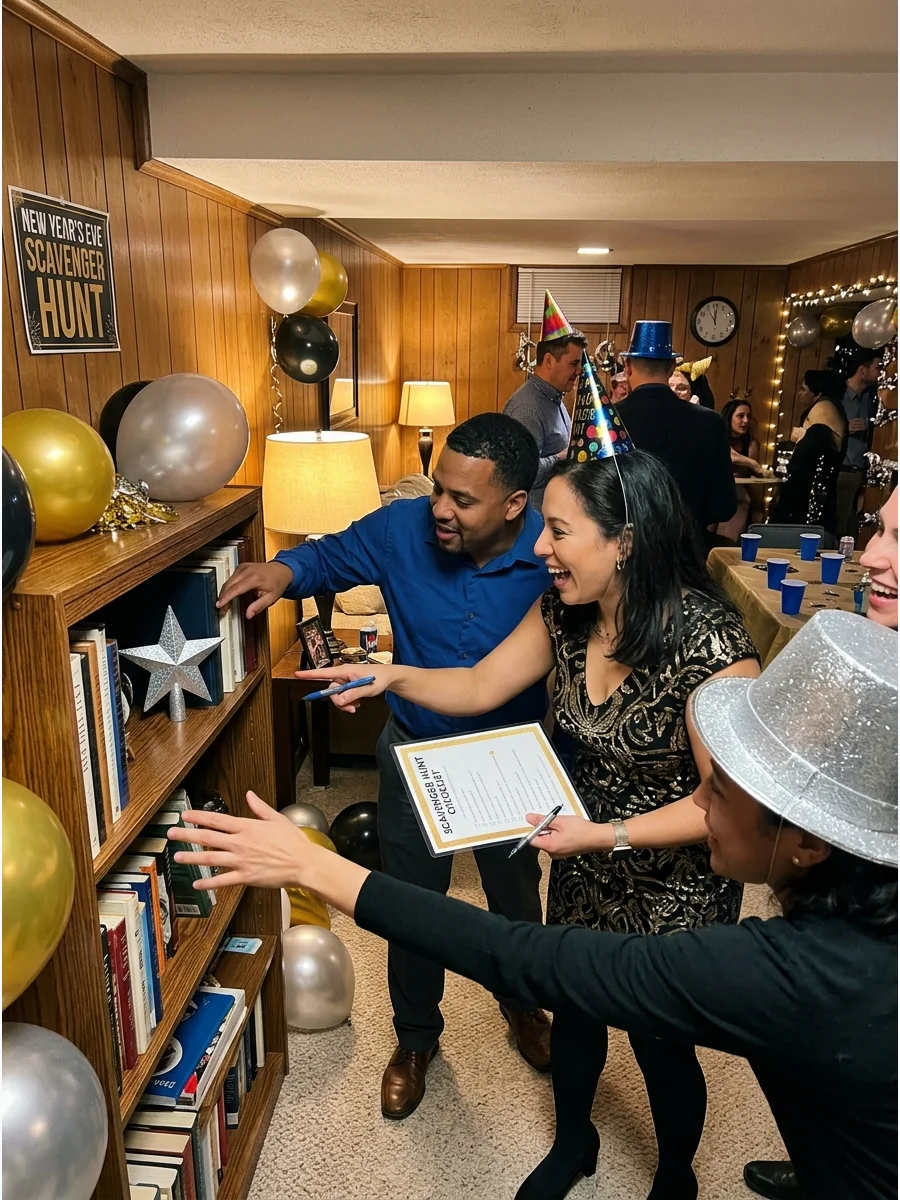 Guests searching for hidden items during a New Year's scavenger hunt.