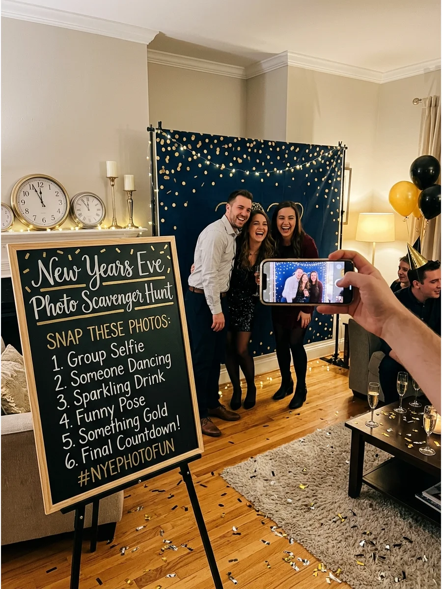 Friends taking a selfie for a photo scavenger hunt at a party.