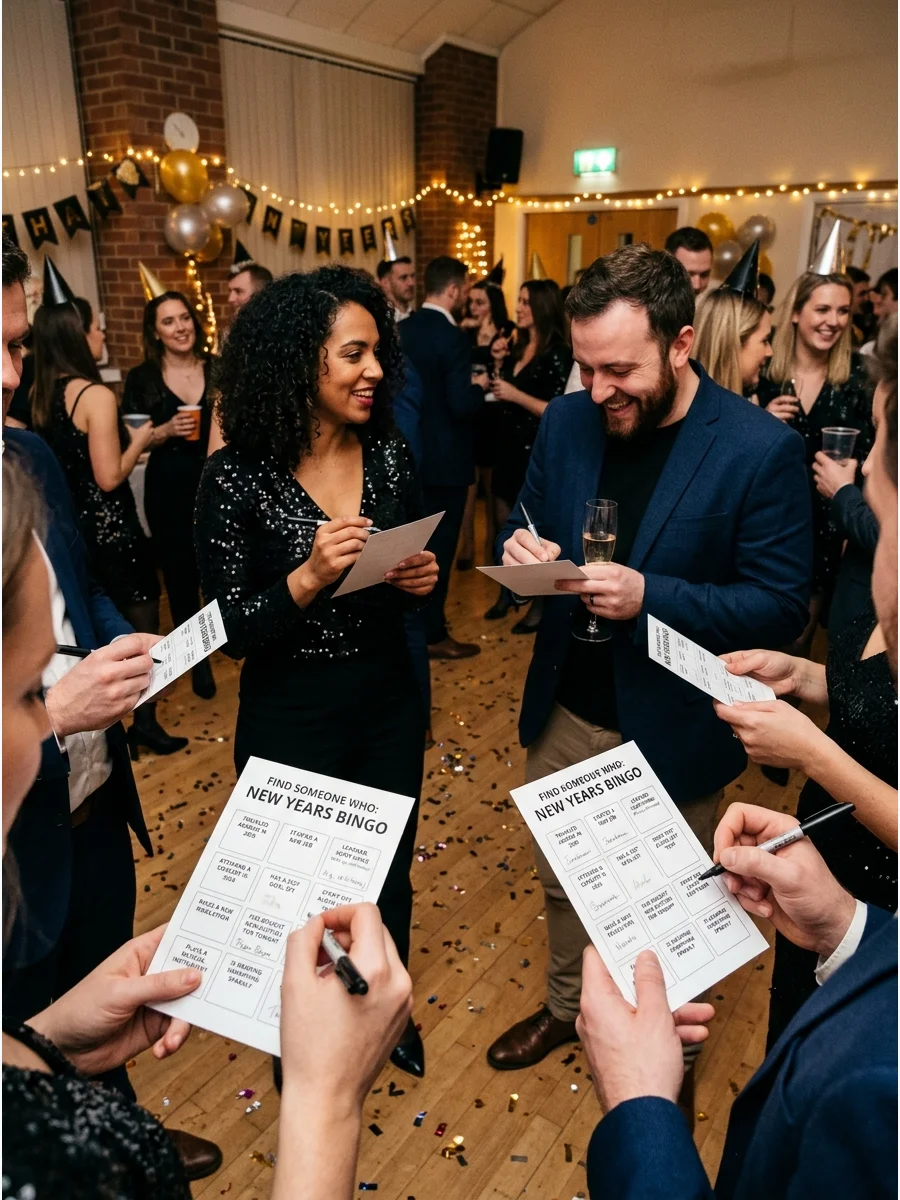 Party guests talking and signing game cards in a community room.