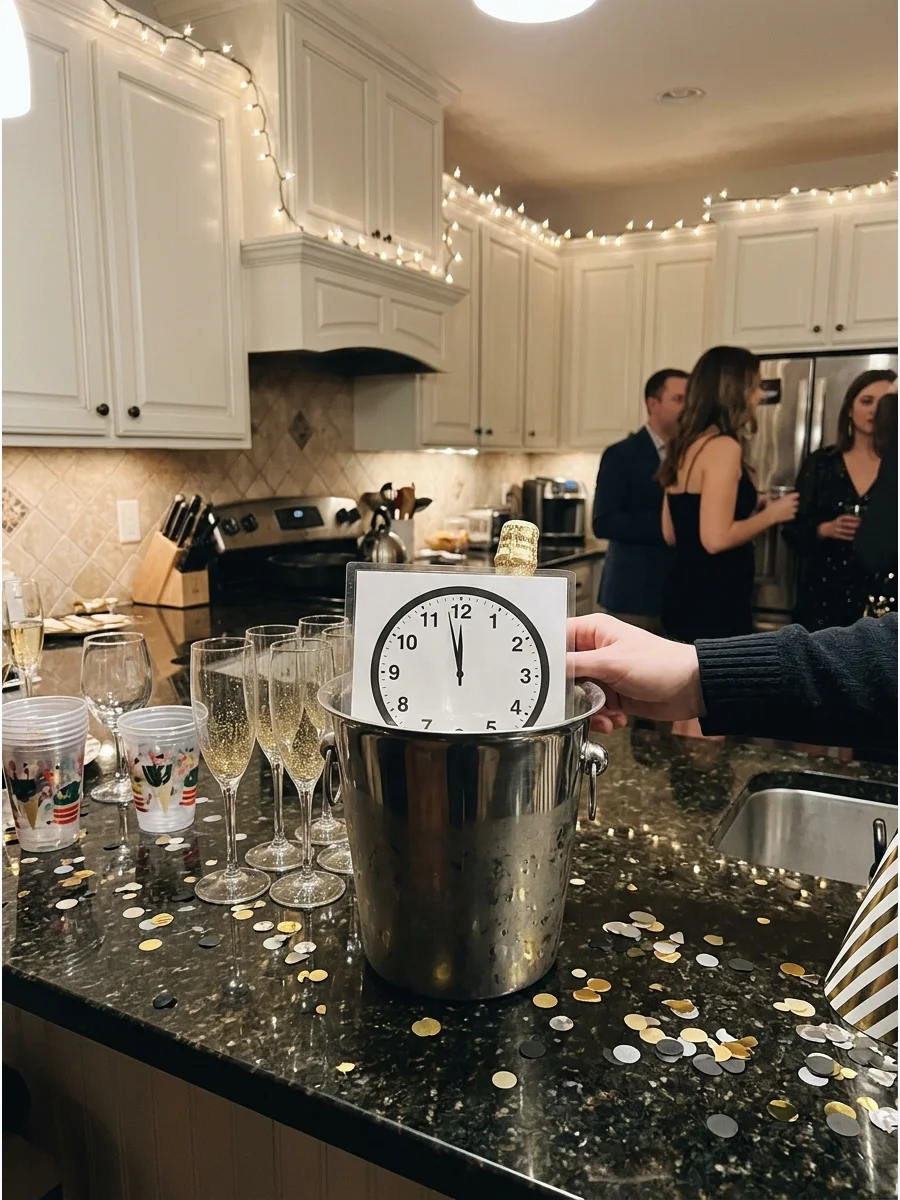 A paper clock hidden behind a champagne bucket on a kitchen counter.