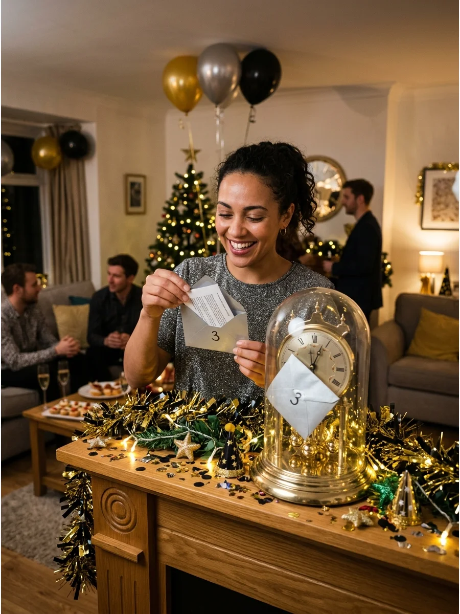 A person opening a clue envelope near a mantel clock.