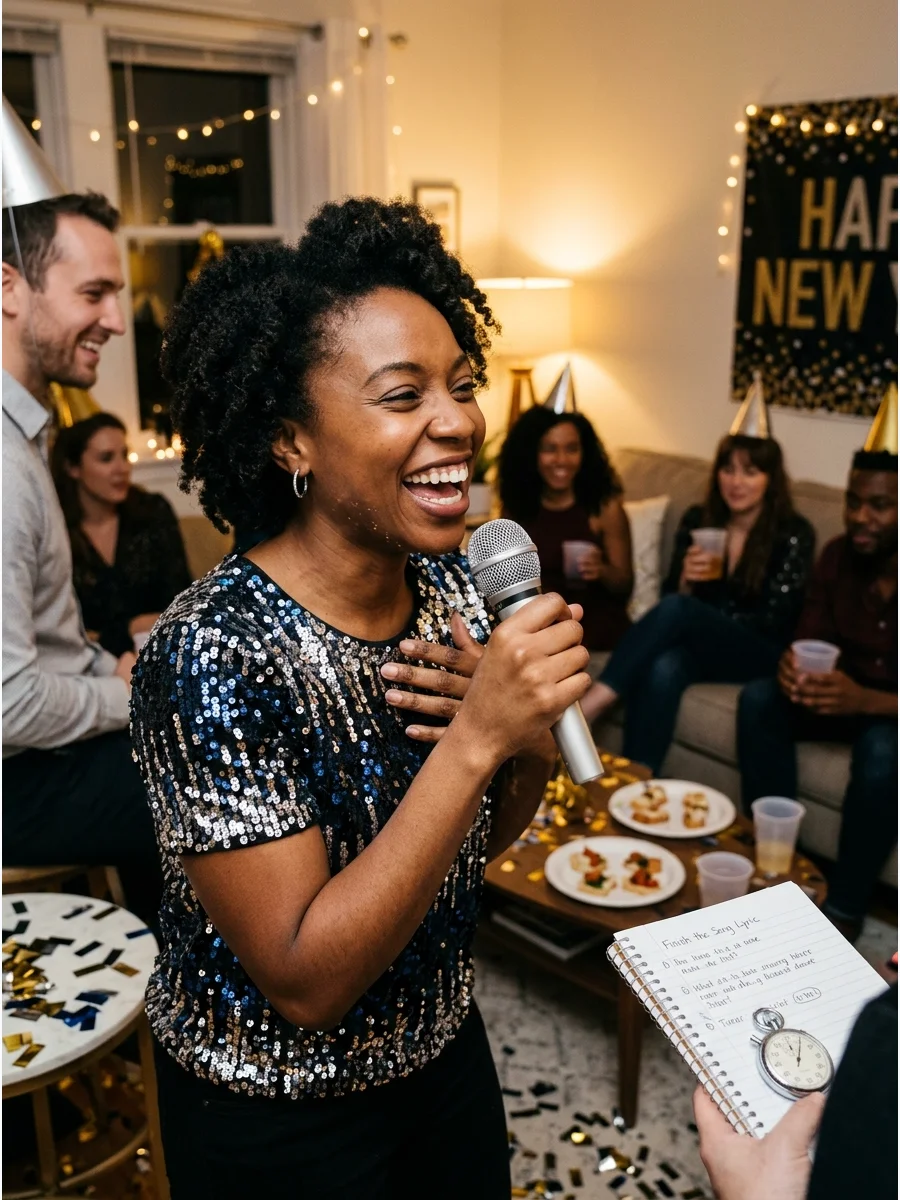 A person laughing while holding a microphone at a New Year's party.
