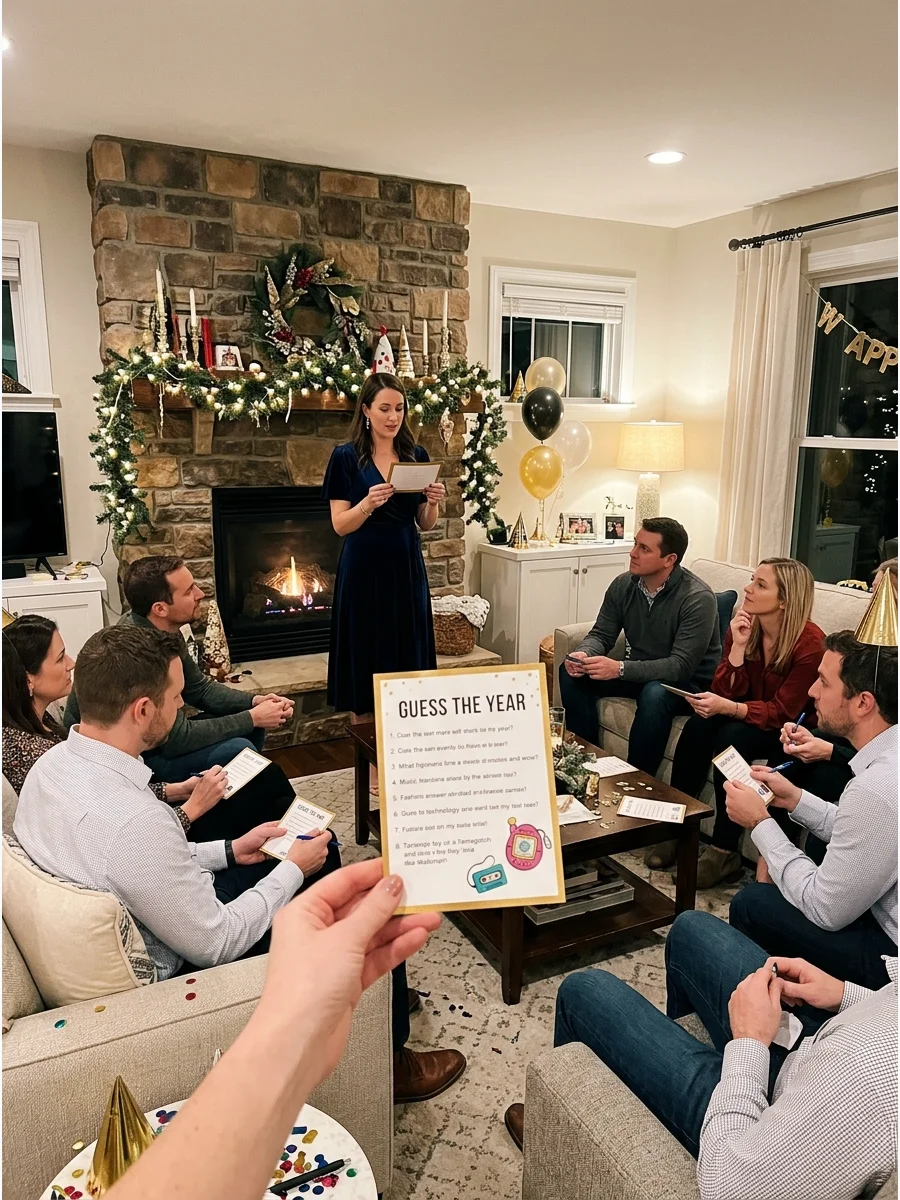 A host reading trivia clues in a living room.