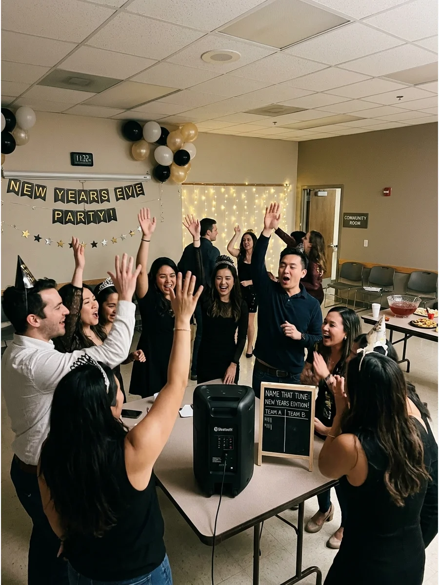 Guests raising their hands to guess a song title in a community room.