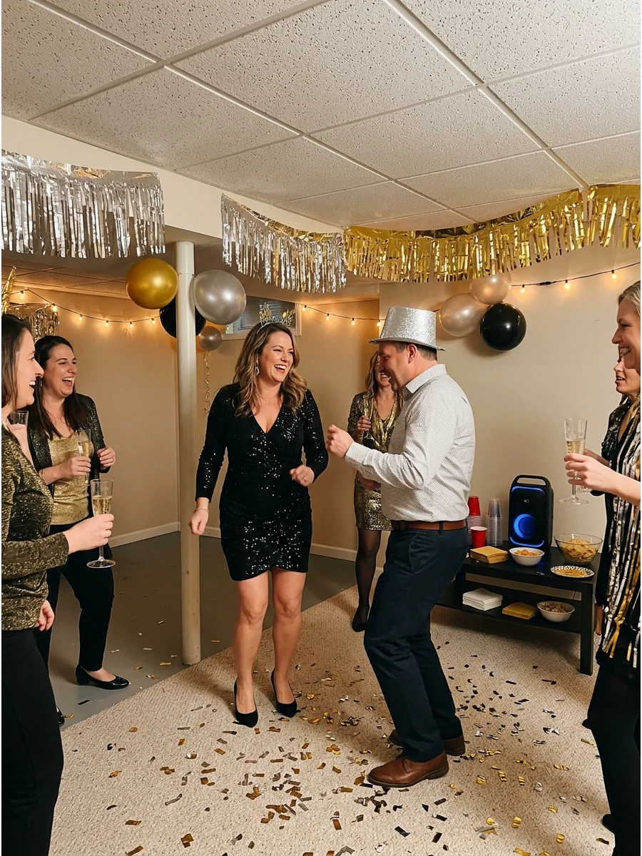 People dancing in a decorated basement for a New Year's Eve party.
