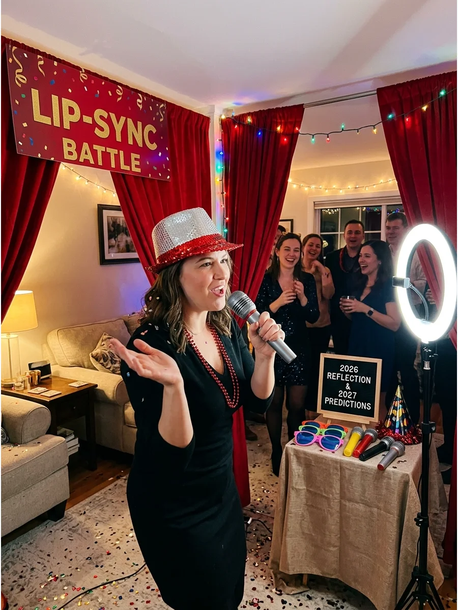 A person performing a lip-sync routine with party props.