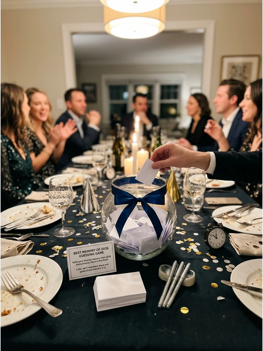 A memory jar on a dining table for New Year's Eve reflections.