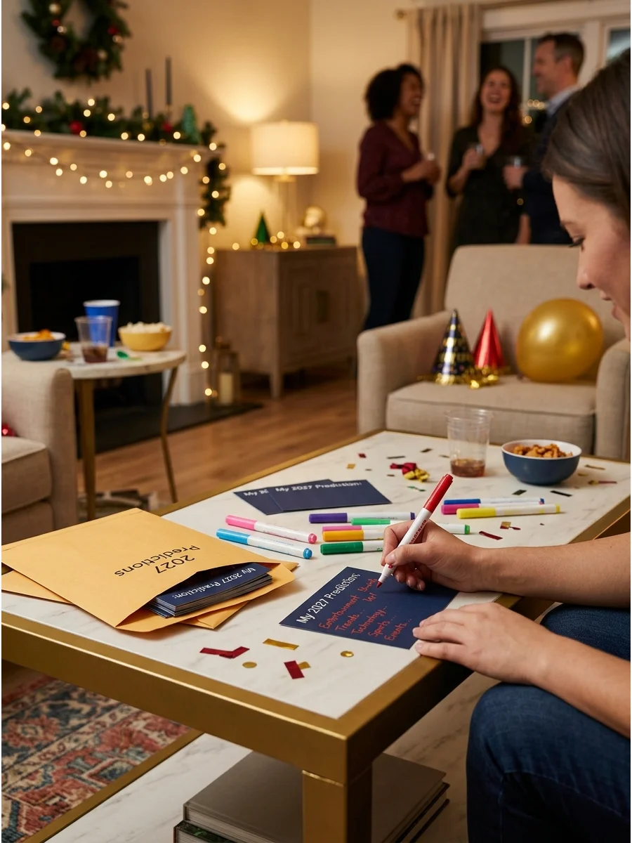 A person writing New Year's predictions on a decorative card.