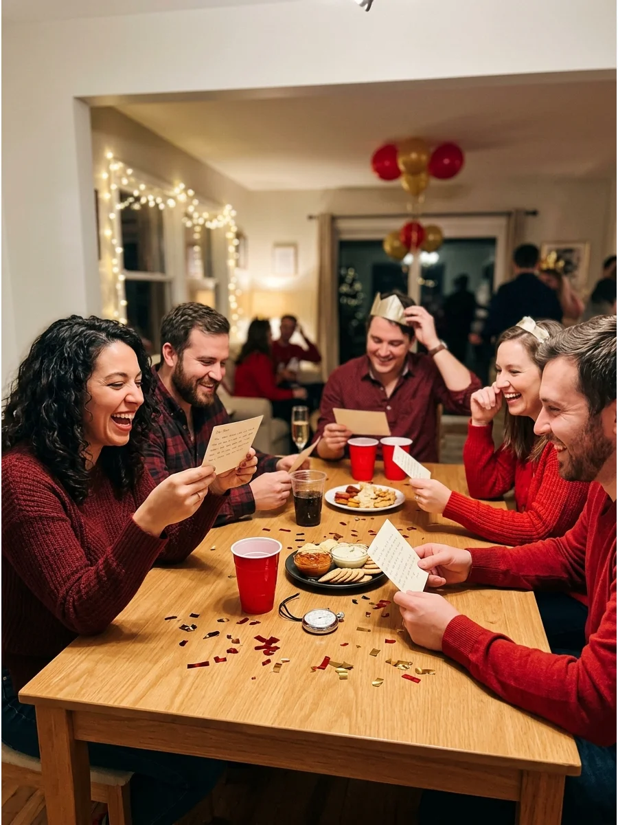 Guests sharing funny predictions at a New Year's Eve dinner table.