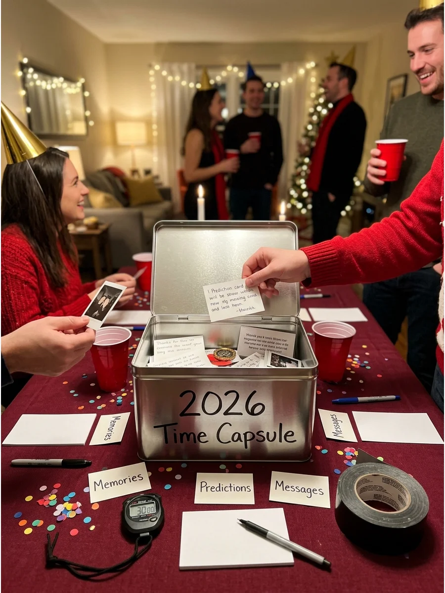 A silver time capsule box on a shelf decorated for New Year's Eve.