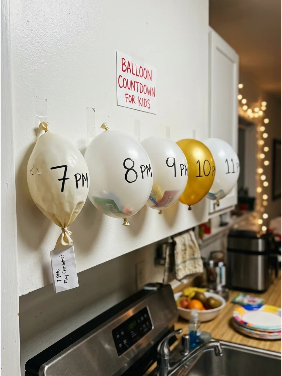 A countdown balloon display for a New Year's Eve party.