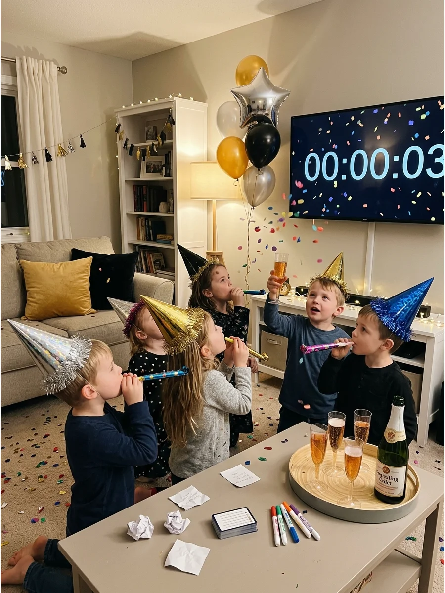 Kids celebrating an early New Year's Eve countdown with party hats.
