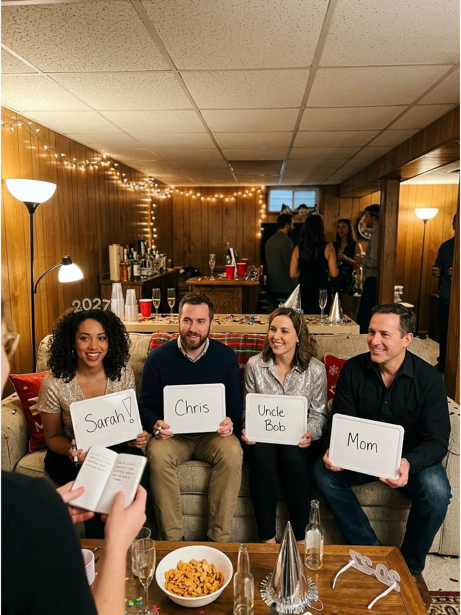 Guests playing a quoting game in a basement.