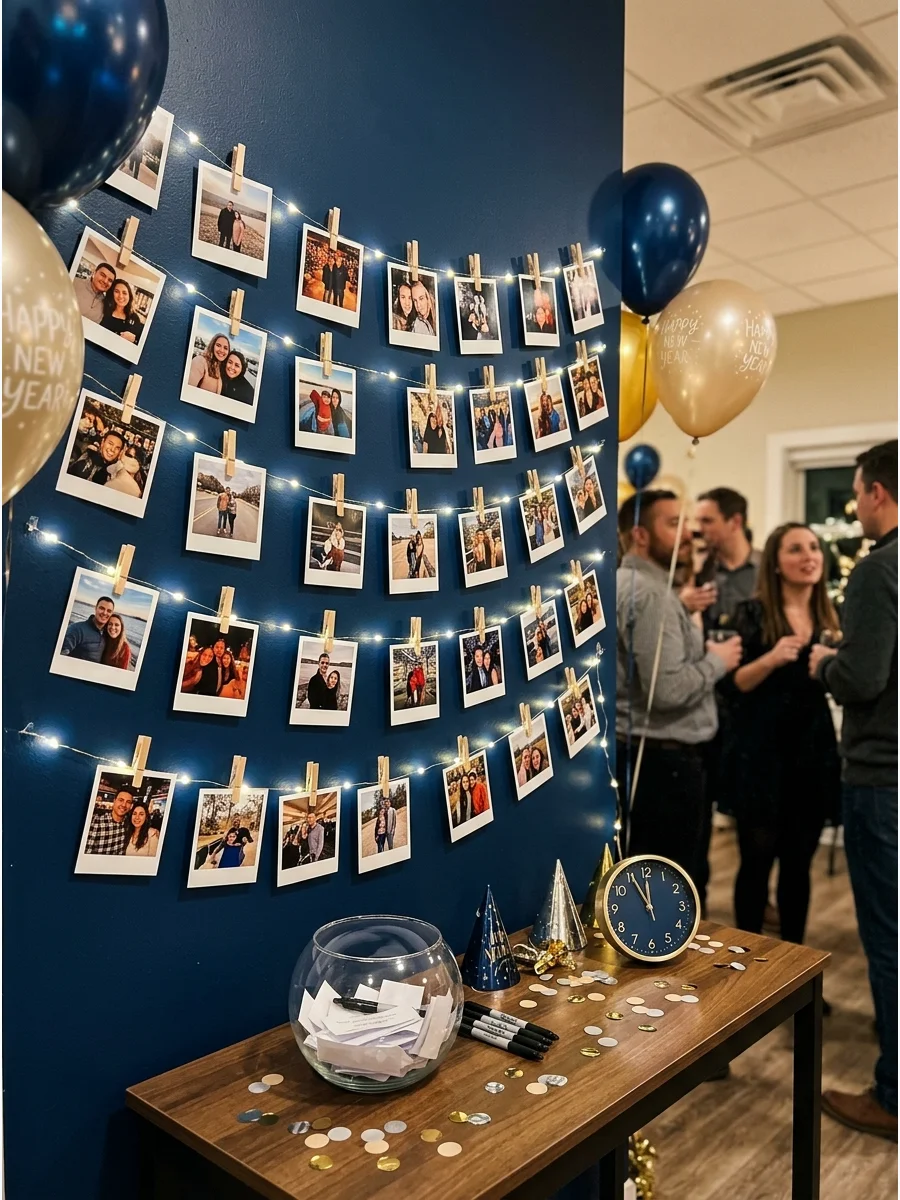A photo display on a wall with fairy lights.
