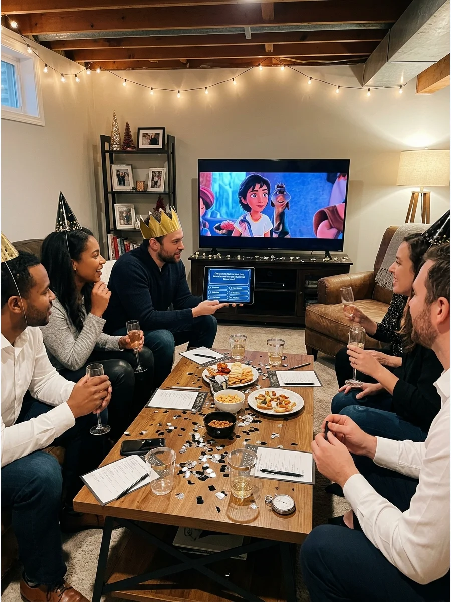 A movie guessing game on a television screen.