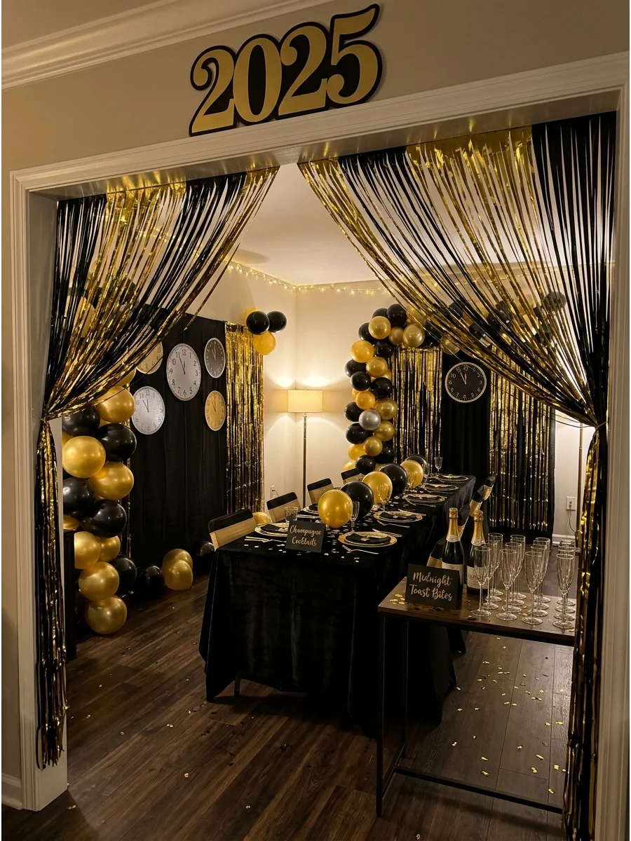 A living room decorated in black and gold for a New Year's Eve party.