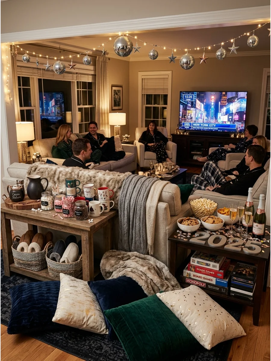 A cozy pajama party setup with pillows and a hot cocoa bar.