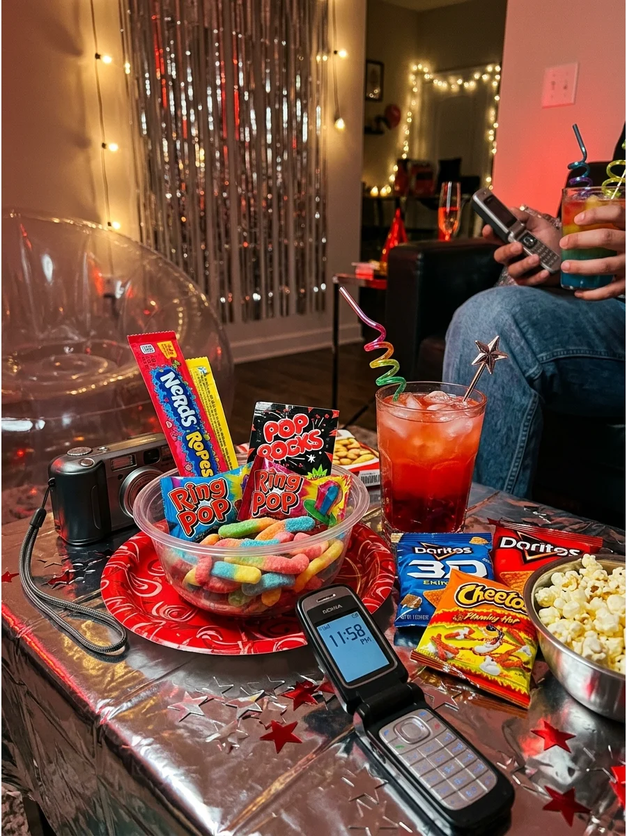 Y2K themed party with inflatable furniture and metallic decorations.