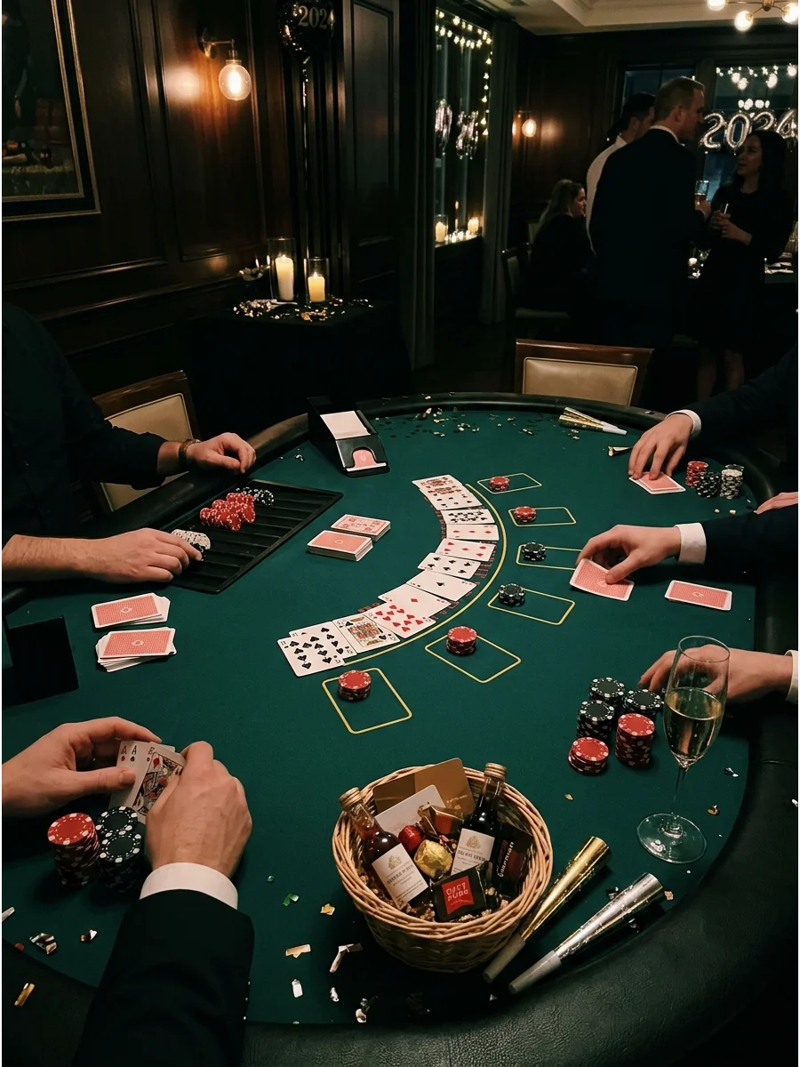 Casino night setup with poker chips and cards on a green table.