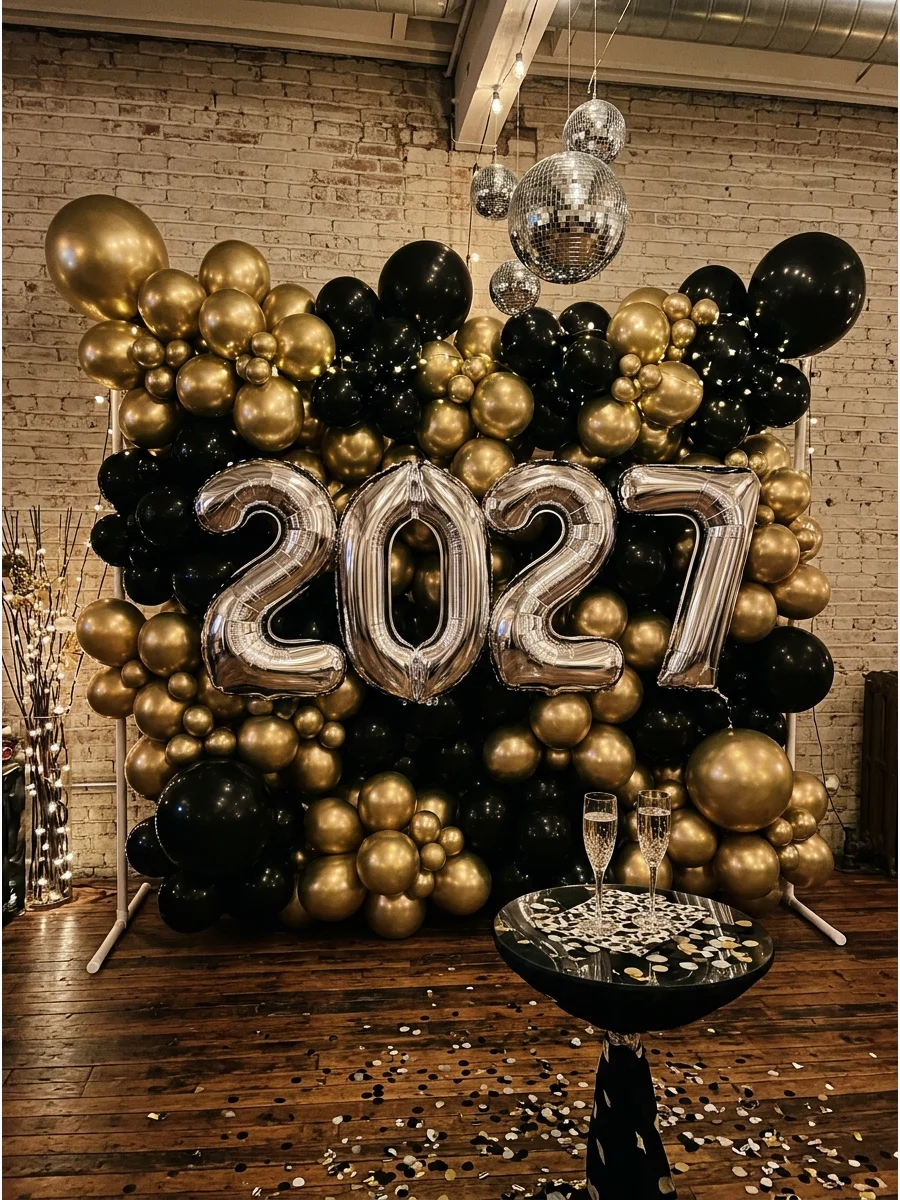 Large balloon wall with 2027 numbers in a modern loft.