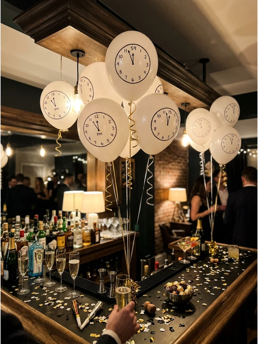 White balloons with clock faces hanging over a bar area.