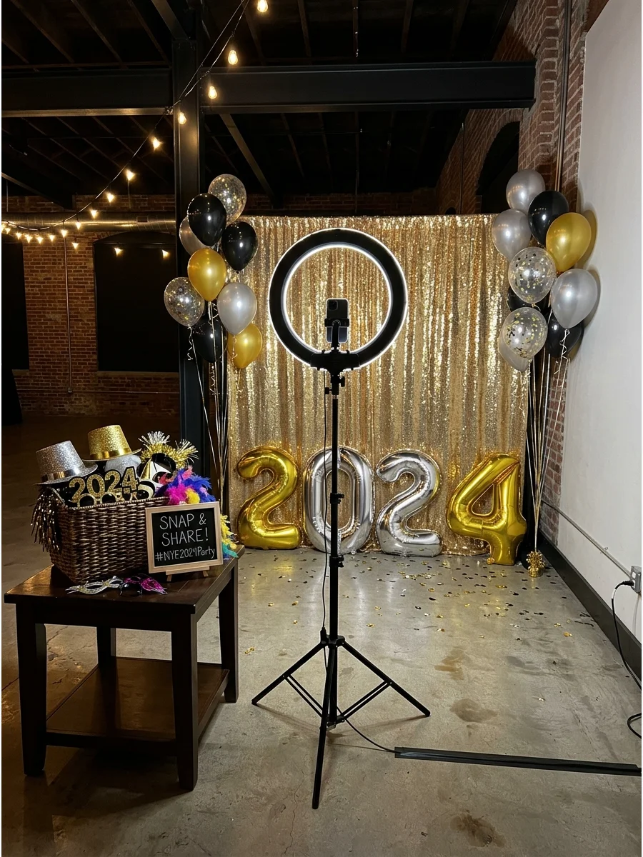 Photo booth setup with a sequin backdrop and party props.