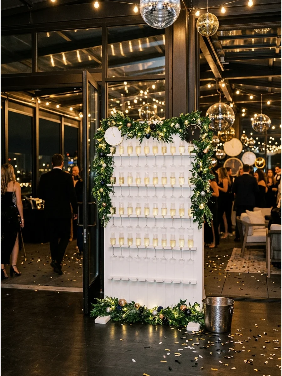 Champagne wall with filled glasses and green leaf decorations.