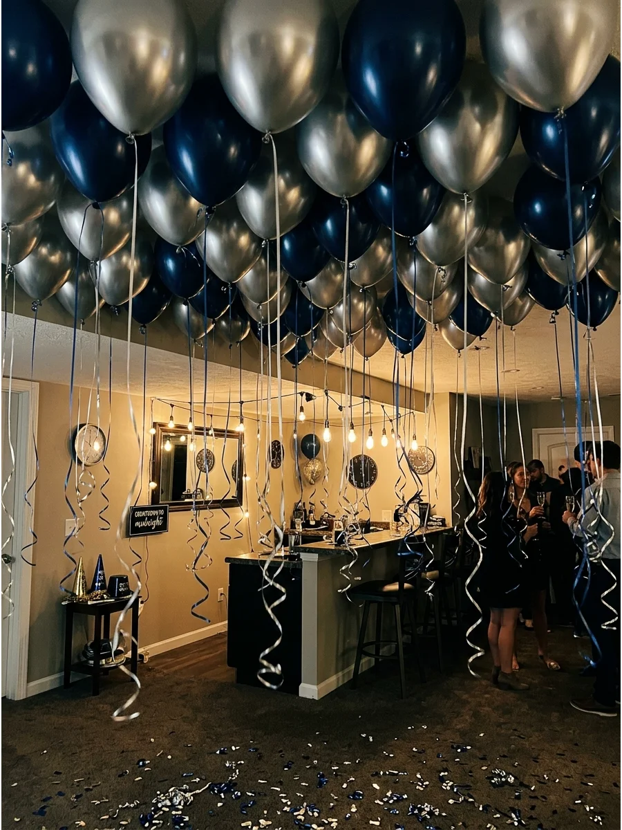 Ceiling covered in balloons with long ribbons hanging down.