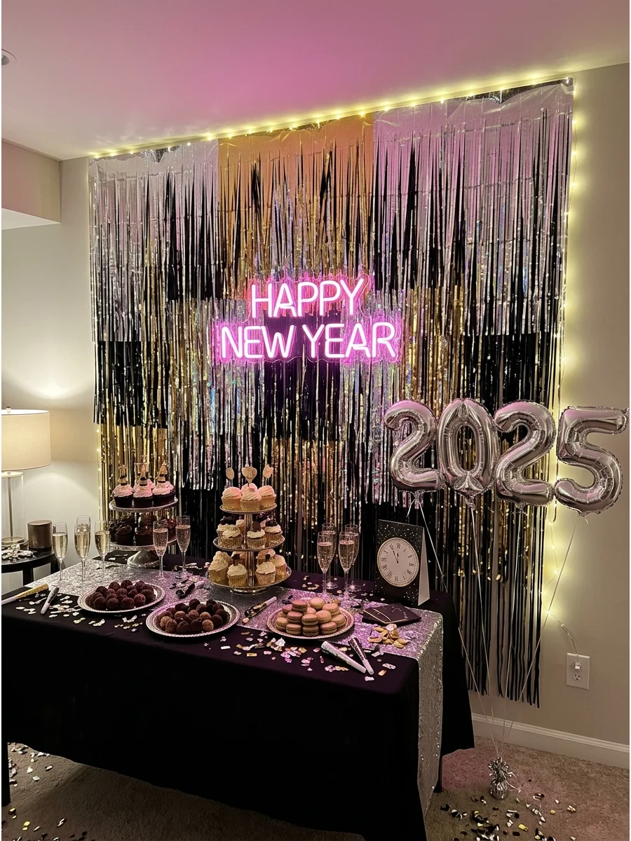 Tinsel fringe backdrop with a neon sign on a living room wall.