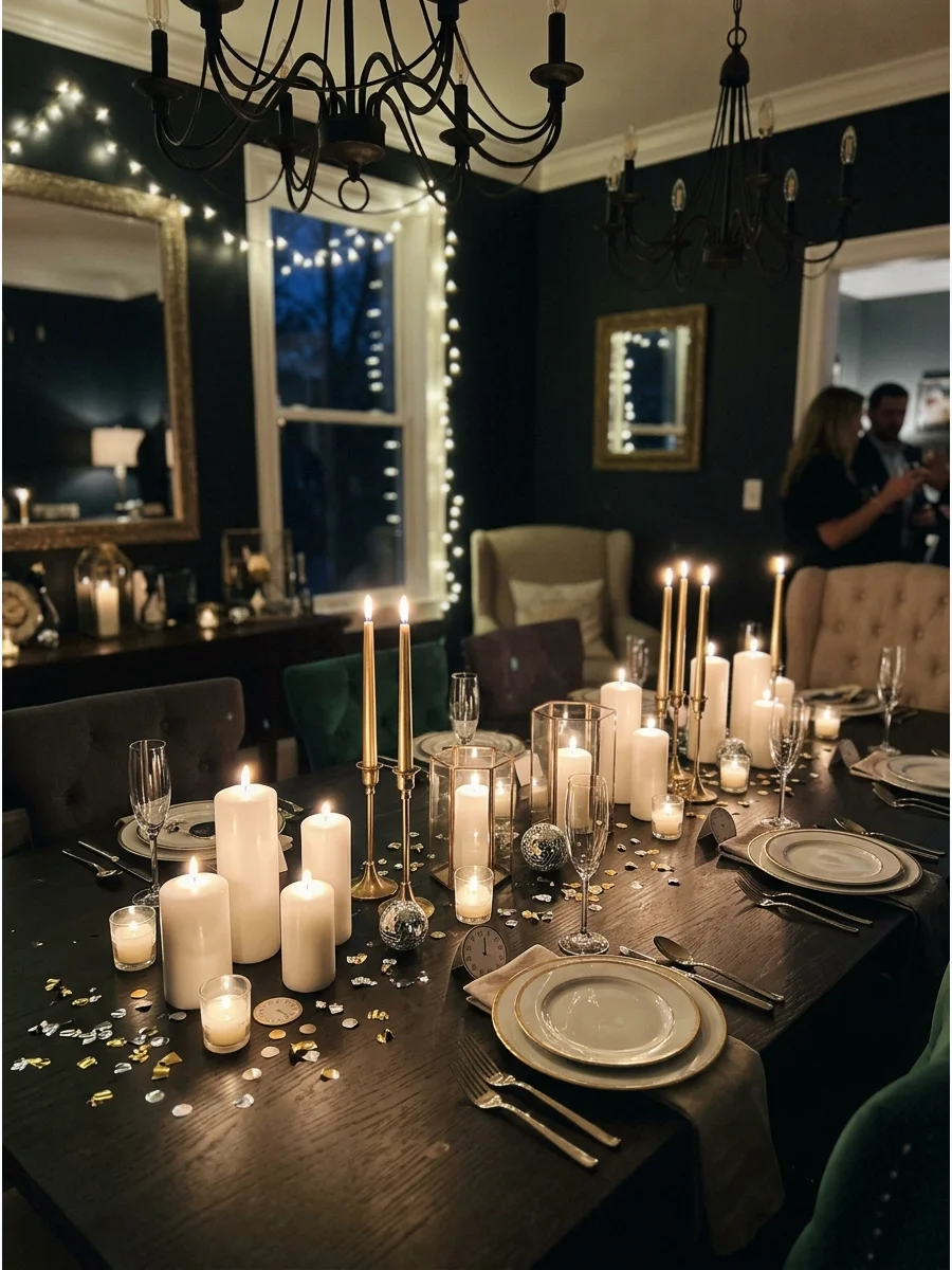 Dining table decorated with many white candles in a dark room.