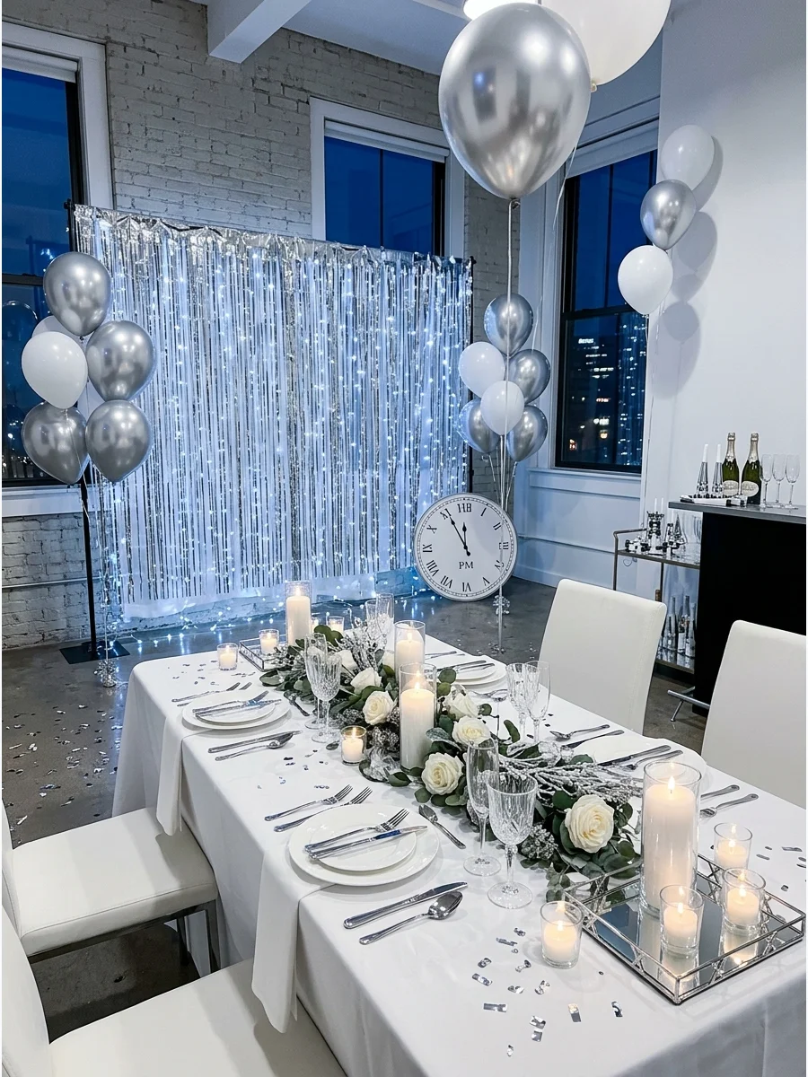 A silver and white themed party space with shimmering decorations.