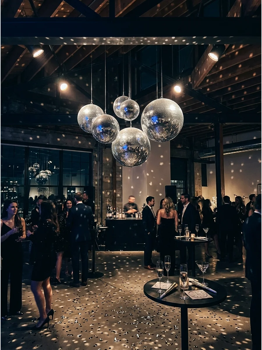 Group of disco balls hanging from a ceiling with light reflections.