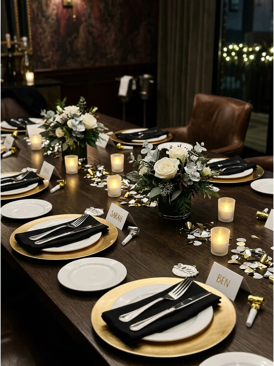 Elegant New Years Eve table setting with gold chargers and candles.