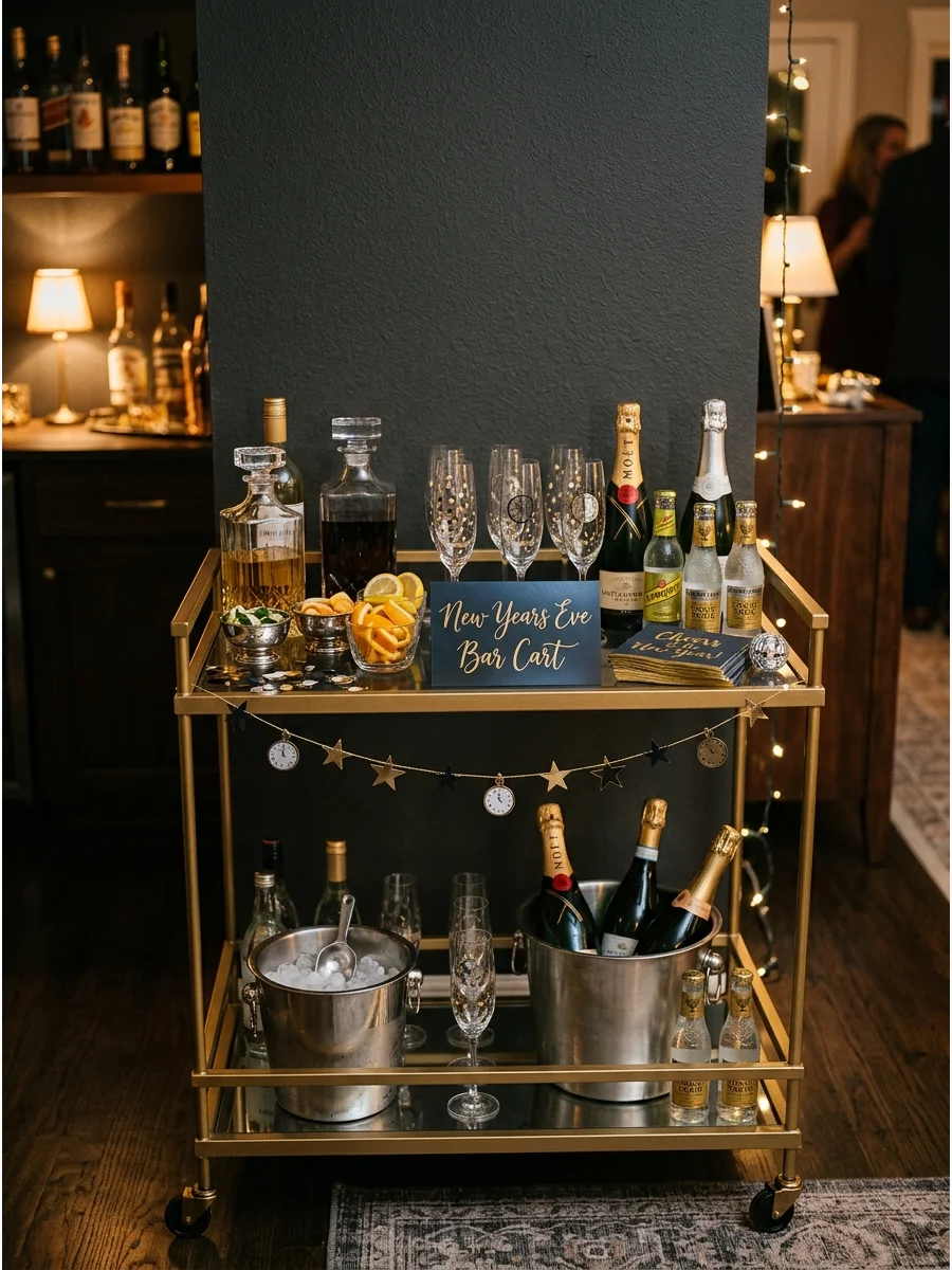 Gold bar cart stocked with champagne and cocktail supplies.