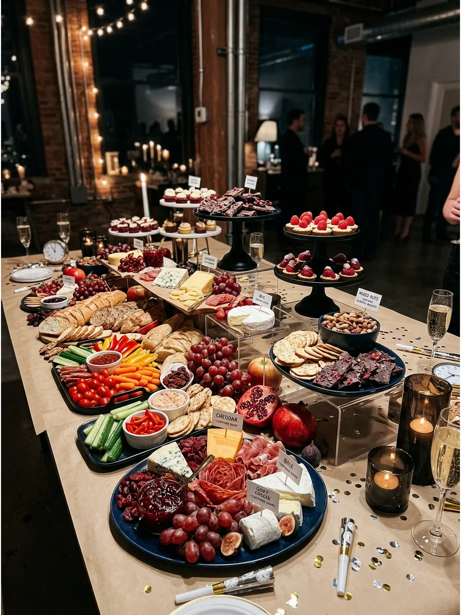 Large grazing table filled with meats, cheeses, and fruits.