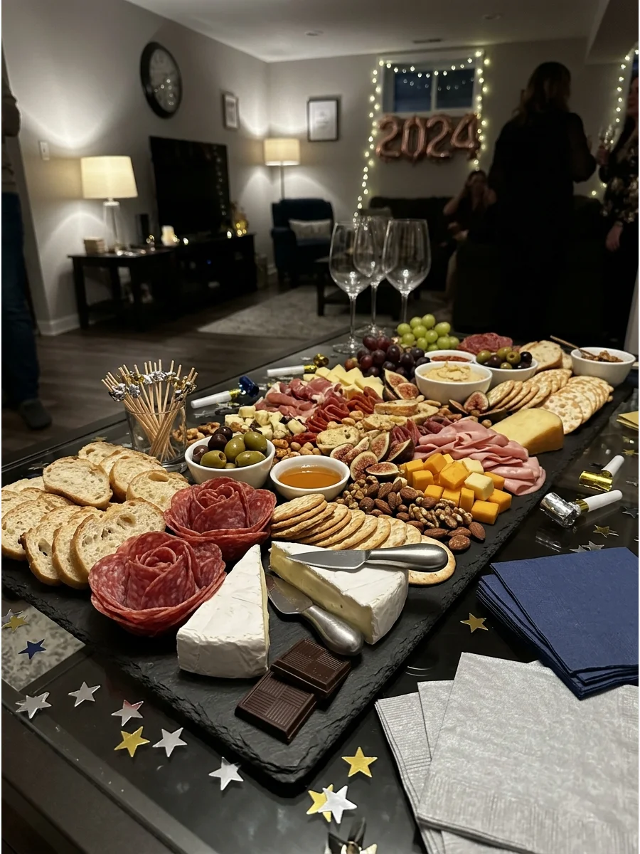 Slate charcuterie board with cheese and meat roses.