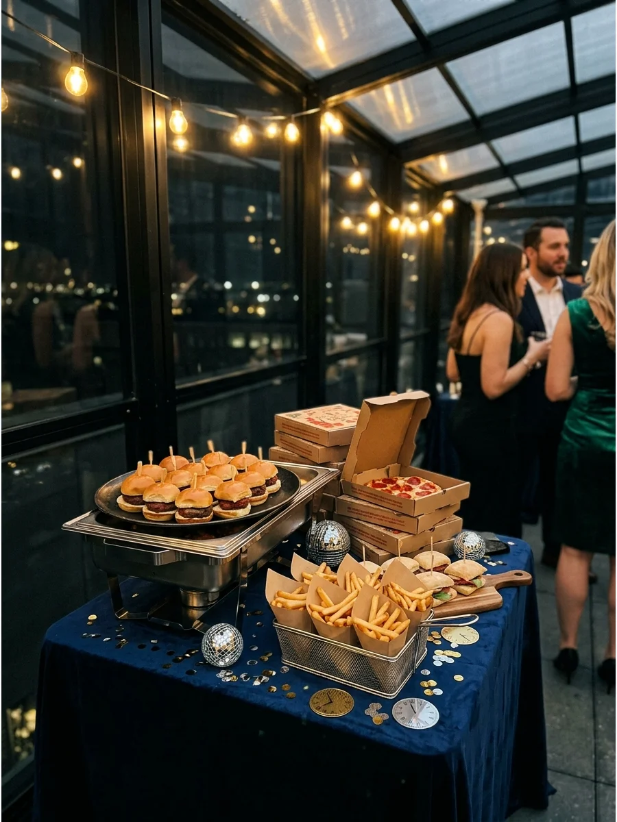 Midnight snack station with mini pizzas and sliders.