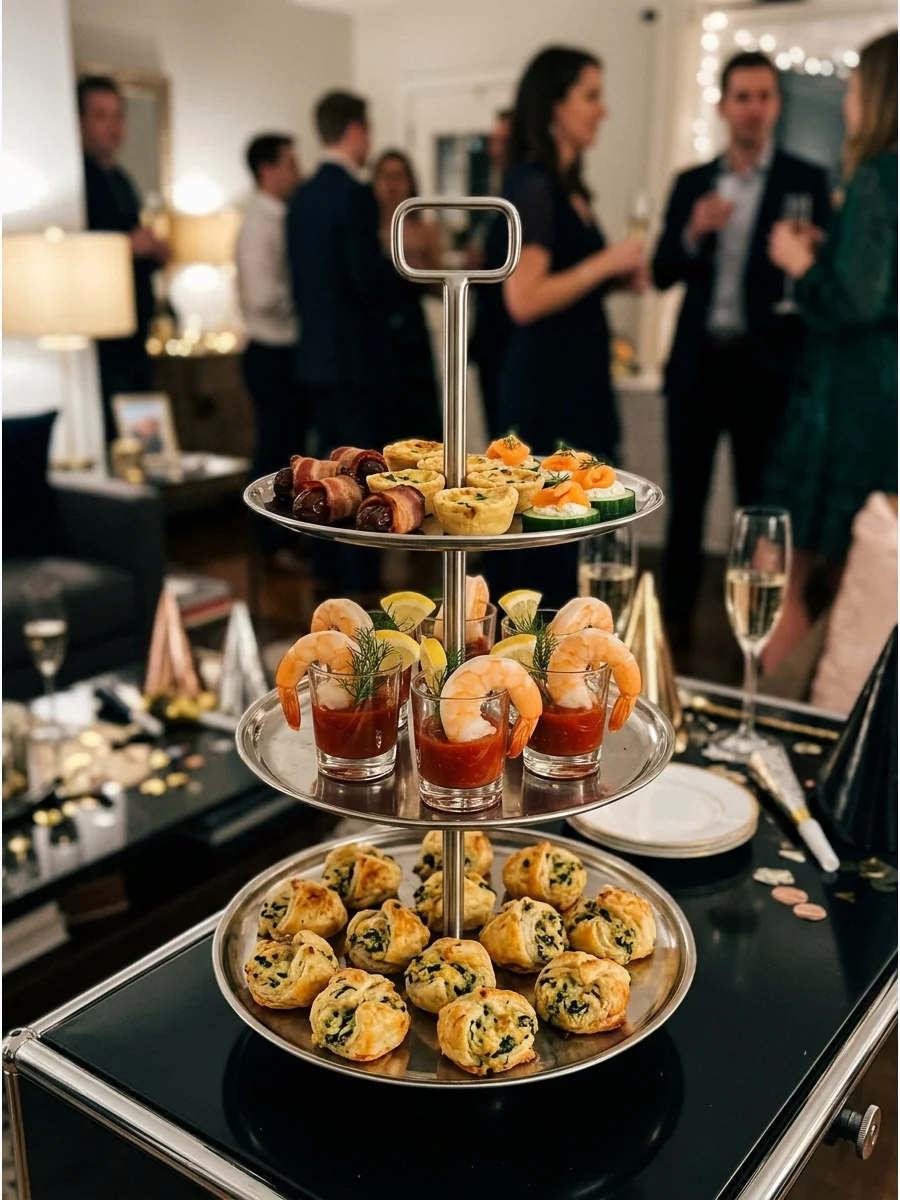Tiered stand with various party appetizers.