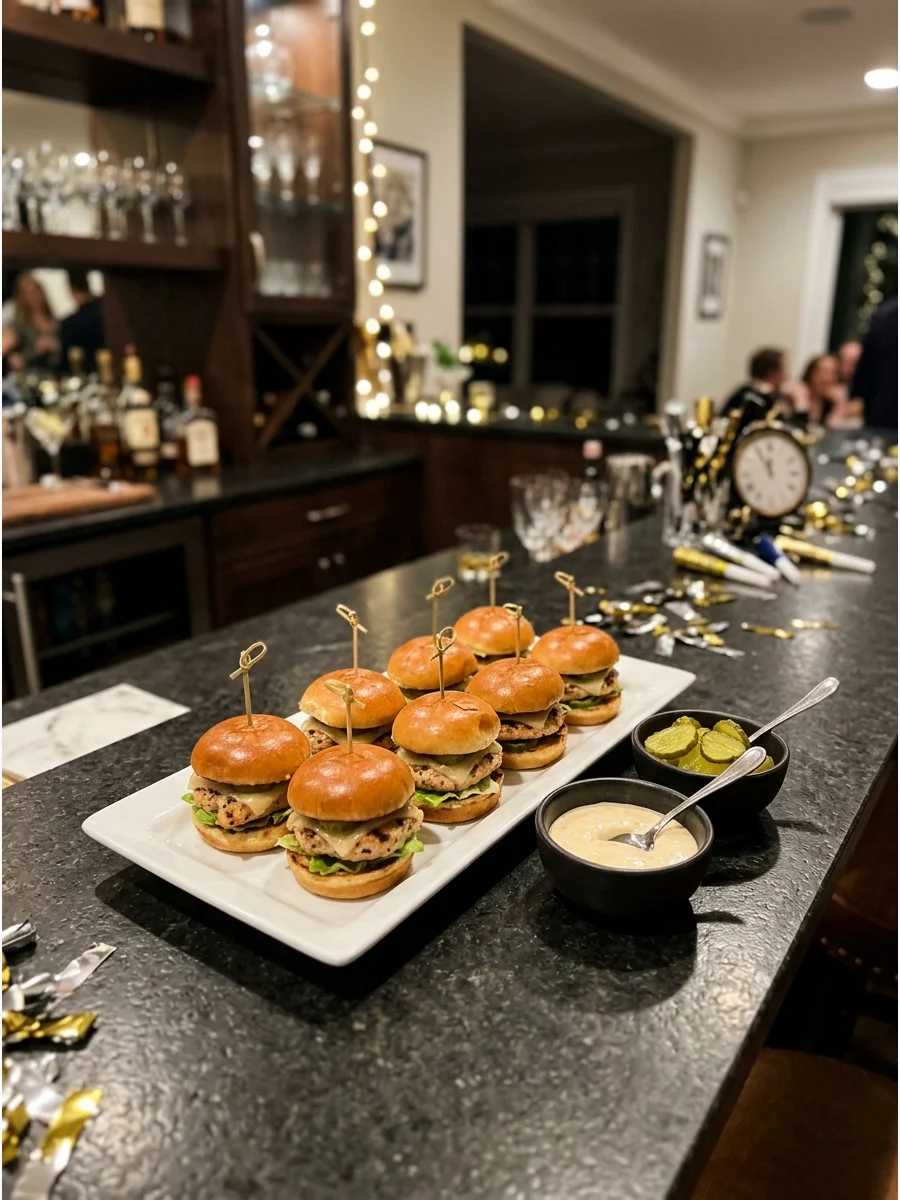 Platter of mini chicken sliders with dipping sauces.