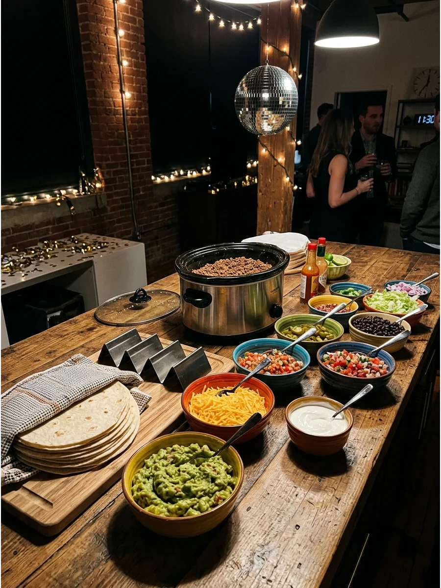 Self-serve taco bar with various toppings and fillings.