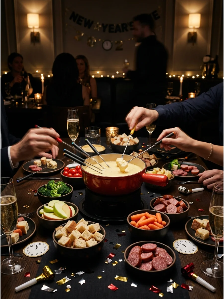 Cheese fondue pot with bread and fruit for dipping.