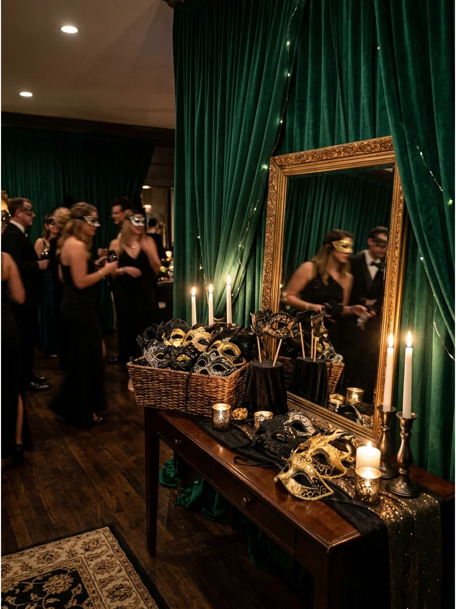 A masquerade party setup with masks and dark green decor.