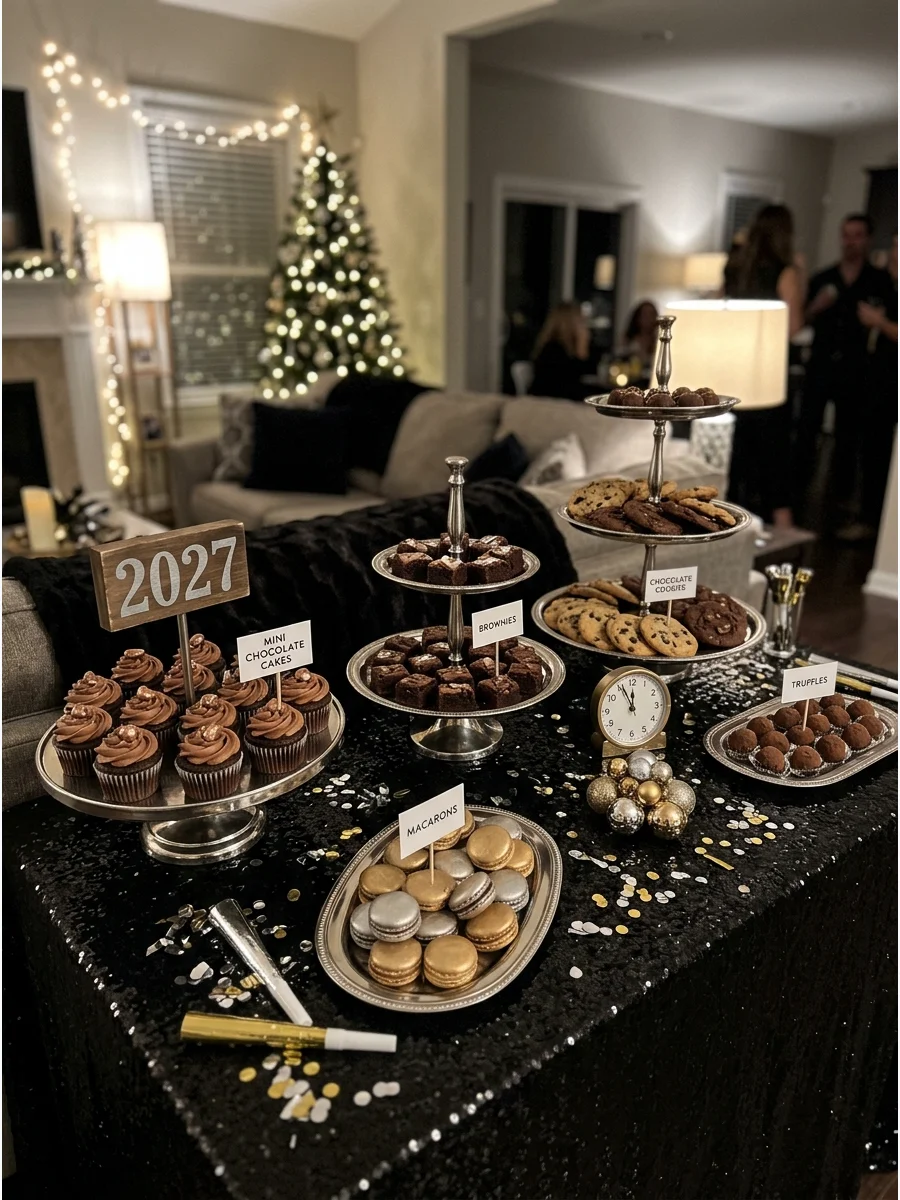 Dessert table with macarons and cupcakes on silver trays.