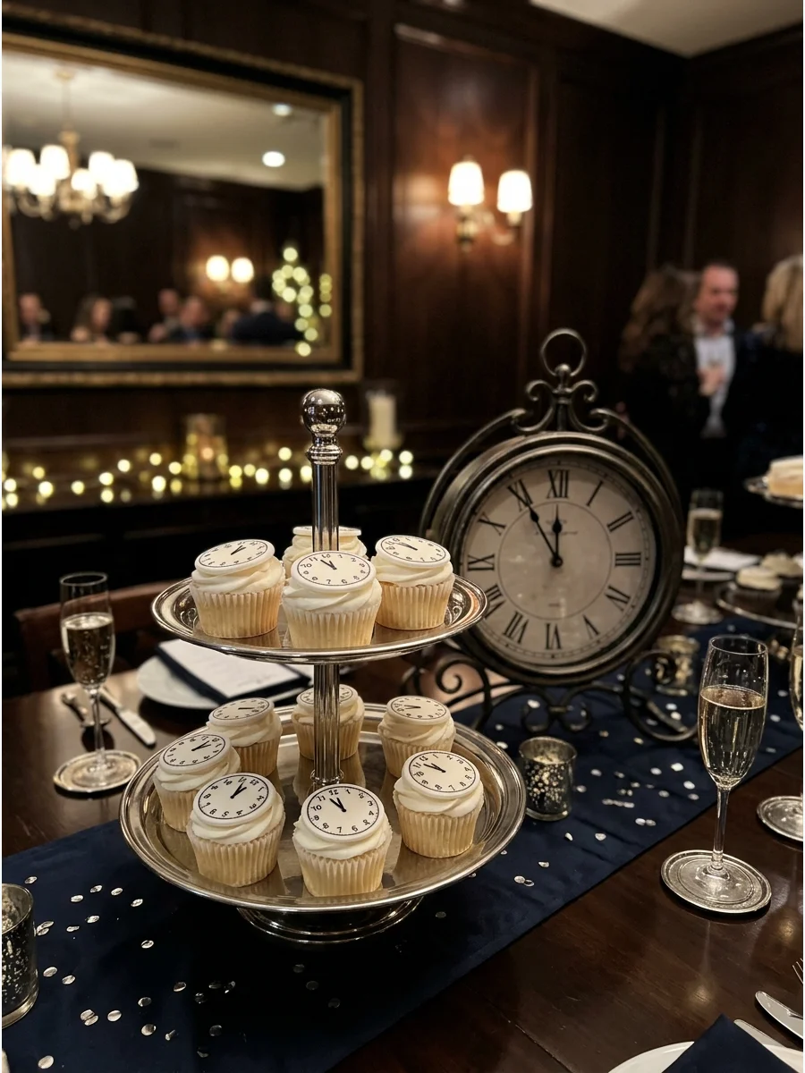 A tiered tray of cupcakes decorated with clock faces showing midnight.