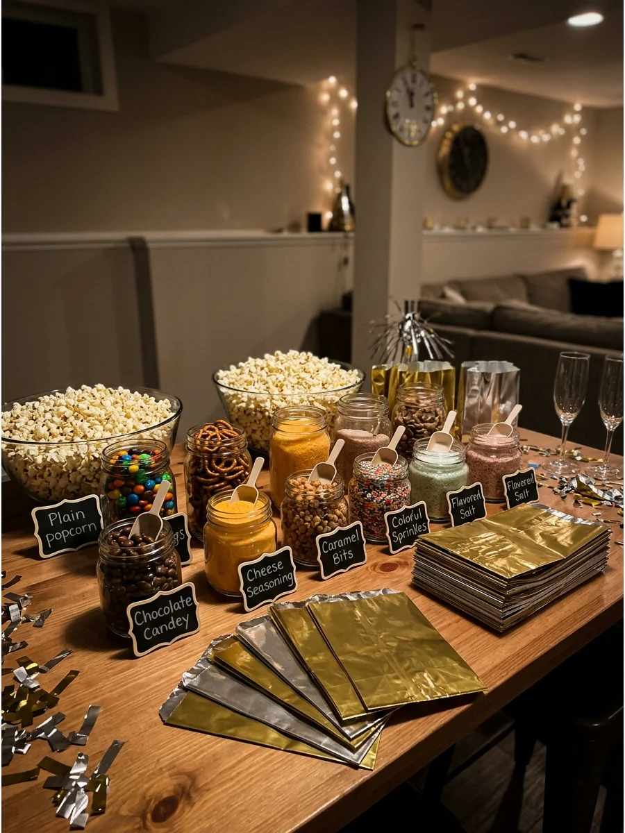 A self-serve popcorn bar with various toppings and gold serving bags.