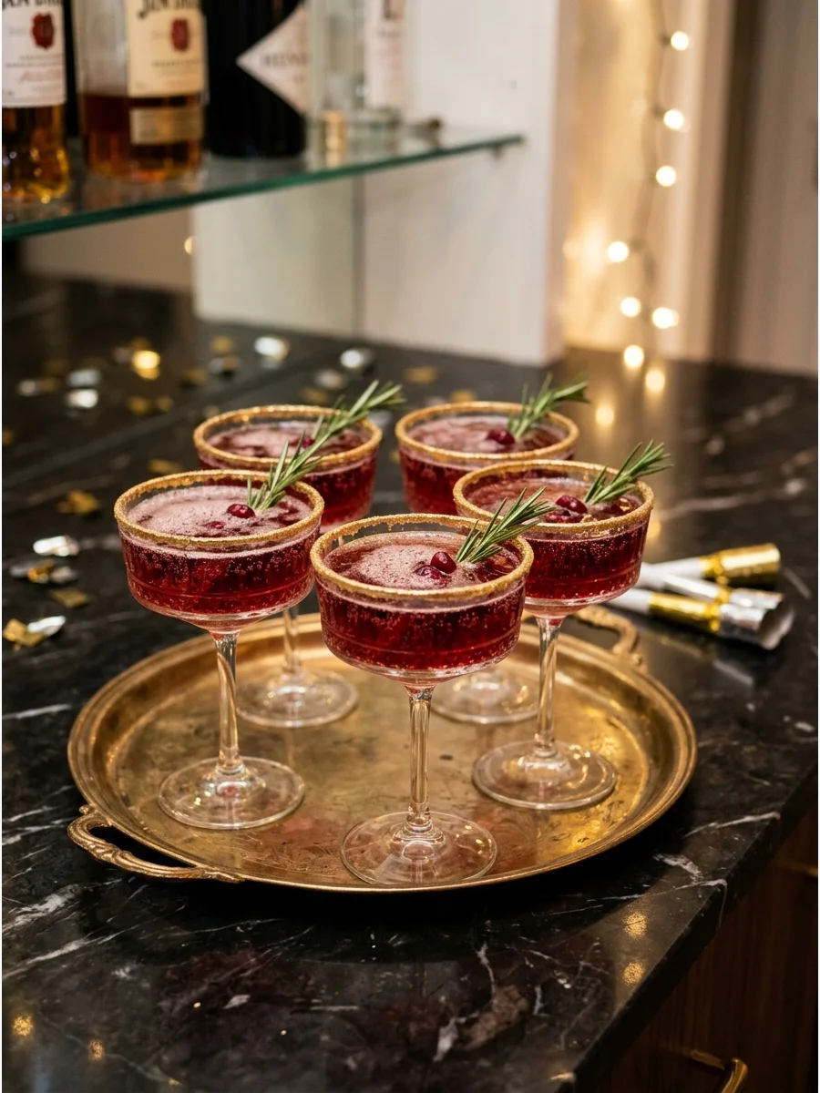 A signature sparkling cocktail served in a glass with a gold sugar rim.