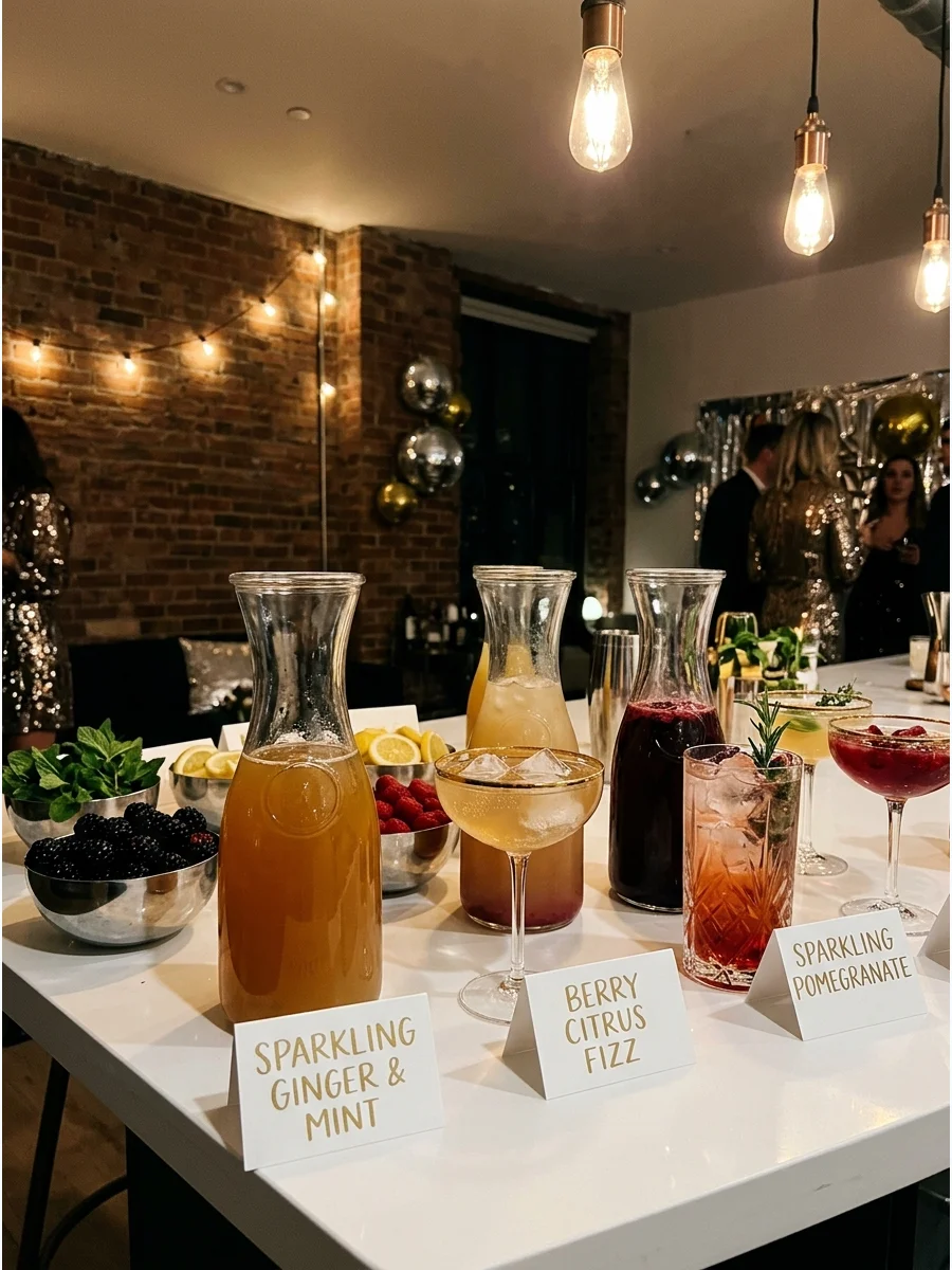 A stylish mocktail station with carafes of juice and fresh fruit garnishes.