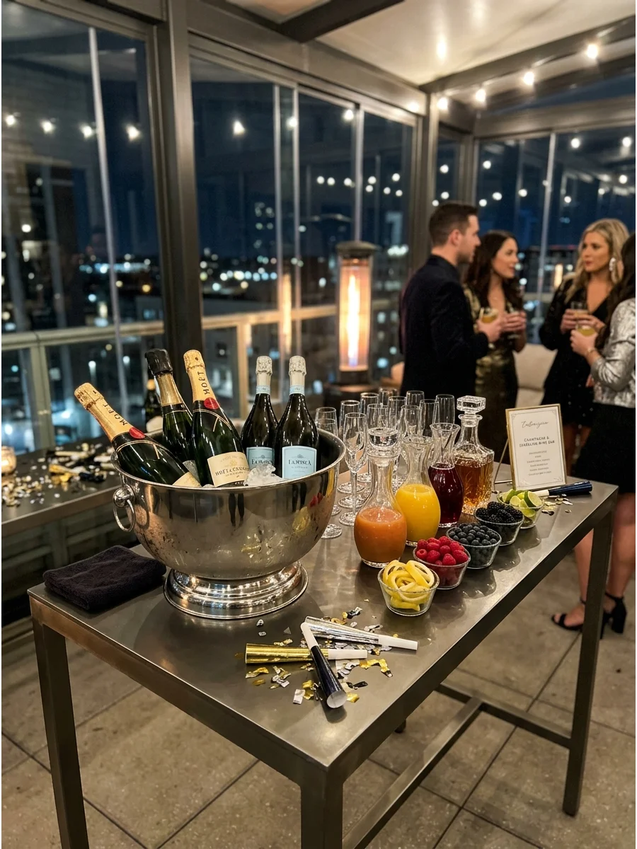 A champagne bar with chilled bottles and bowls of fresh fruit.